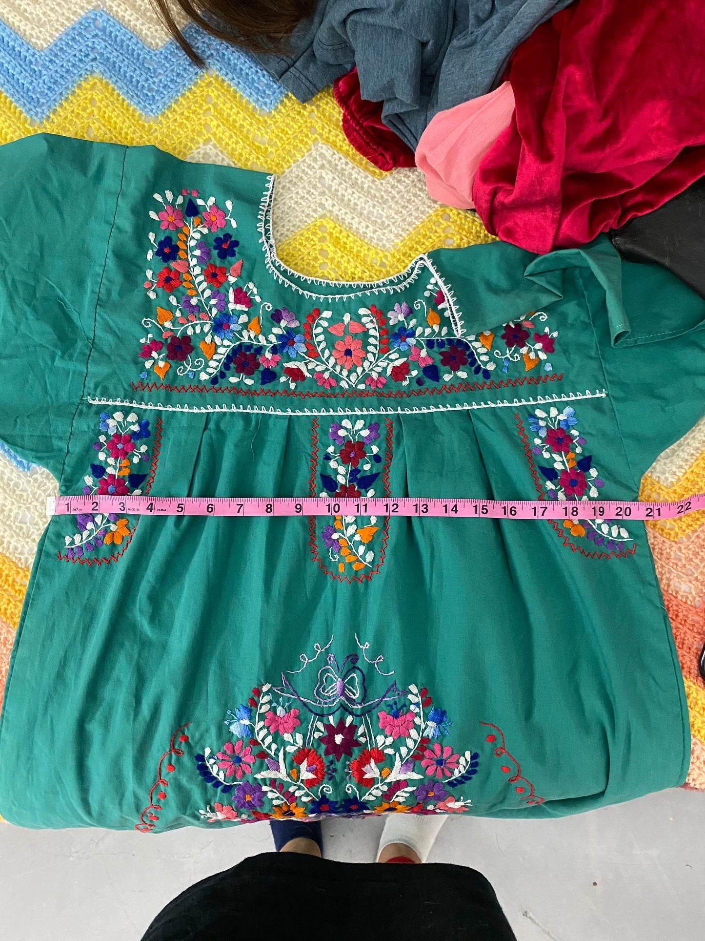Teal Embroidered Scoop Neck Mexican Dress
